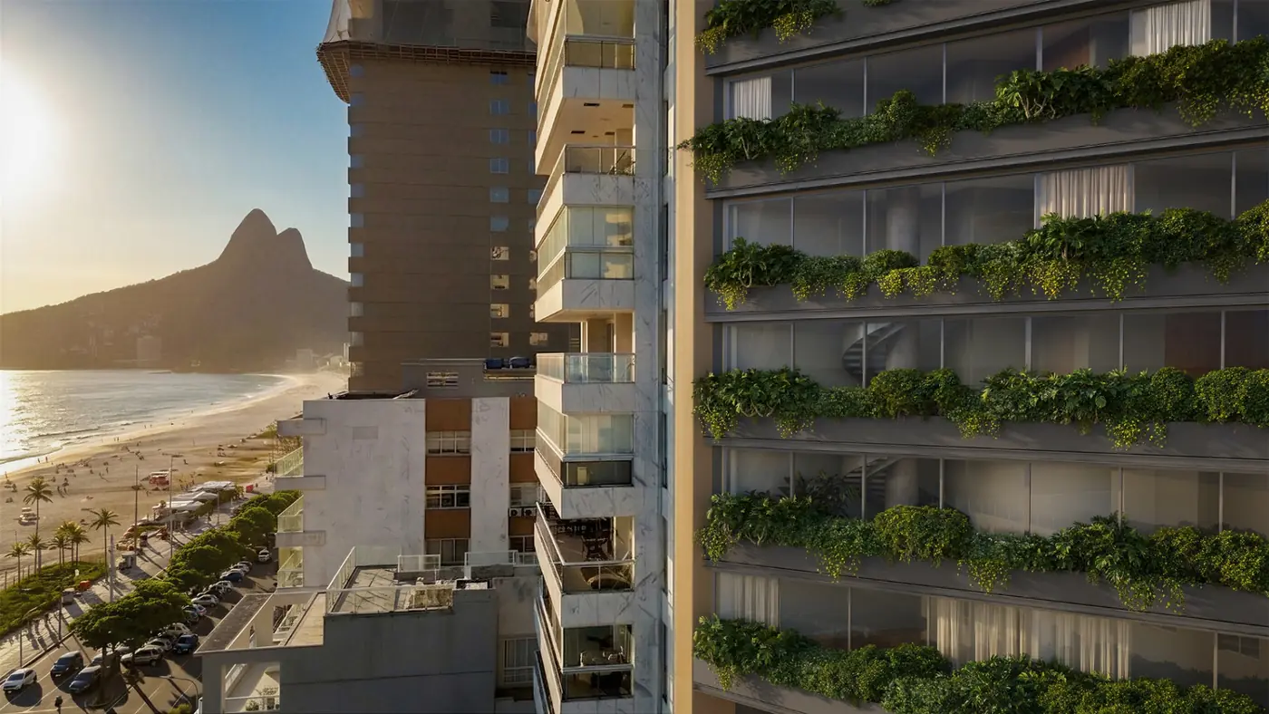 Detalhe da fachada com vegetação suspensa